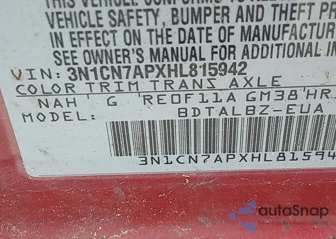 2017 Nissan Versa 1.6 S/1.6 S+/1.6 Sl/1.6 Sv z USA, uszkodzony, nr VIN 3N1CN7APXHL815942